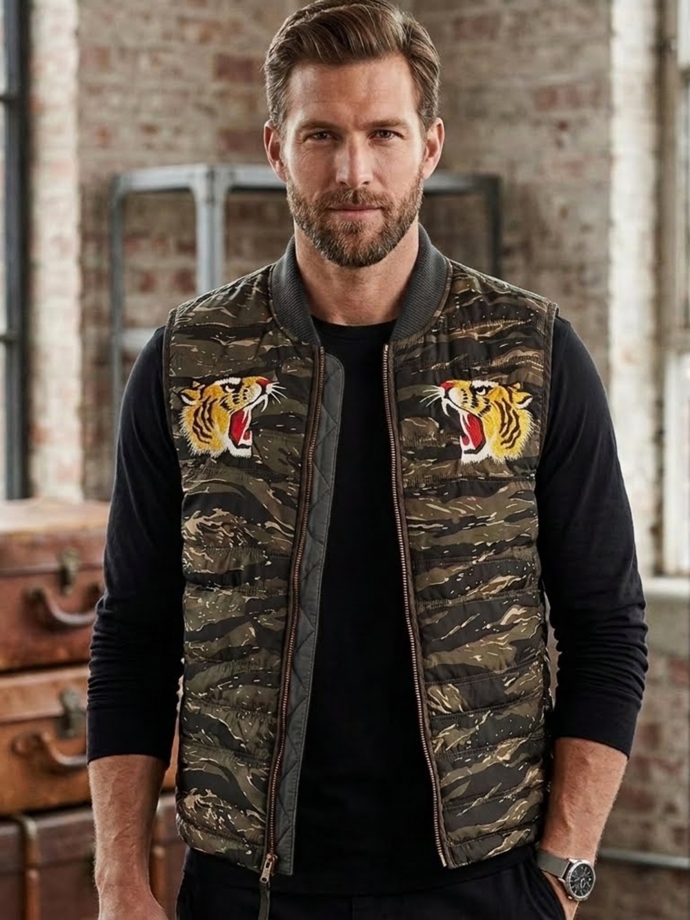 Camo Embroidered Tigers Denim and Supply Ralph Lauren Quilted Gorpcore Vest